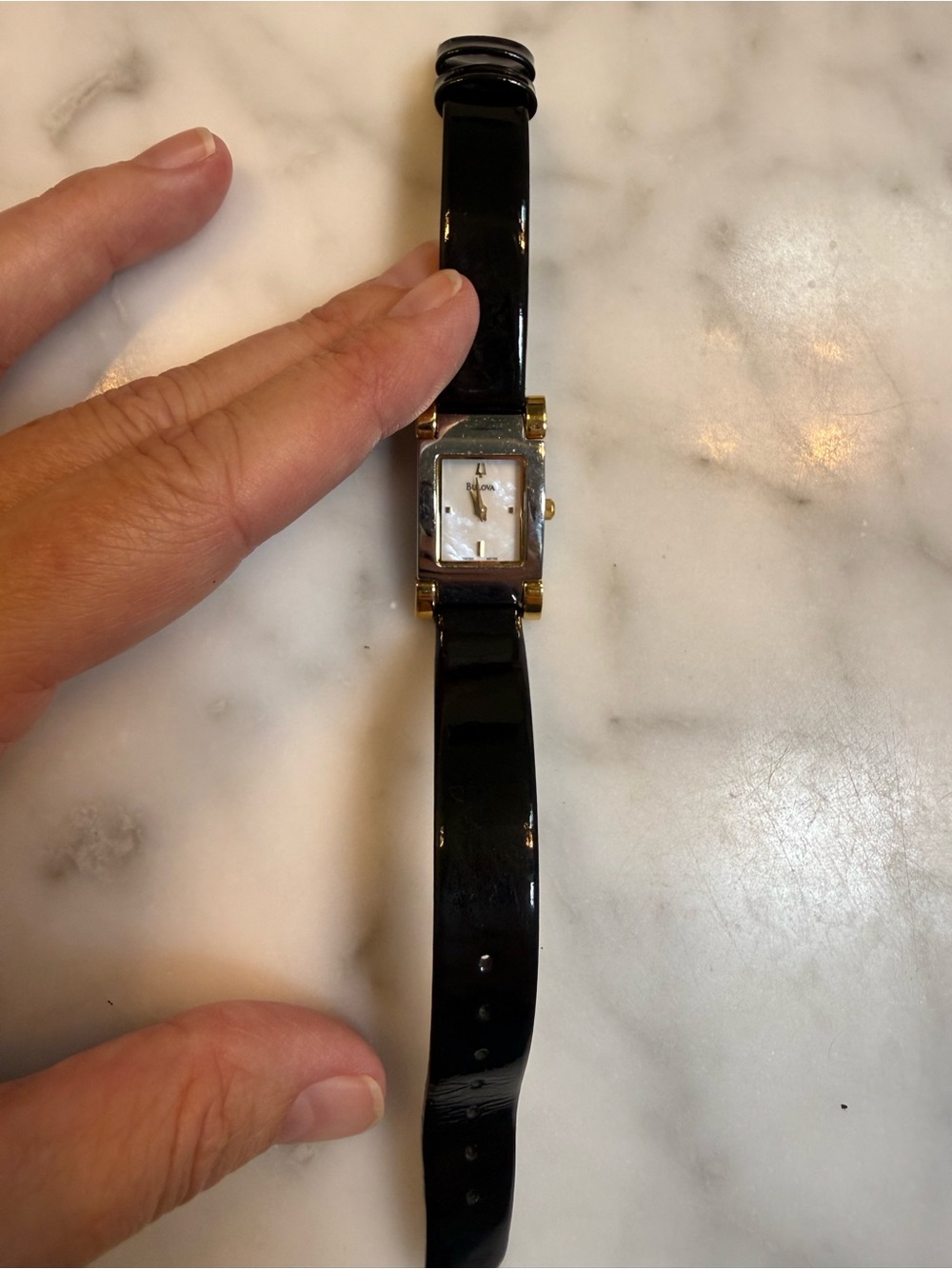 Bulova Black Patent Strap Women's Watch with Gold-Tone Case